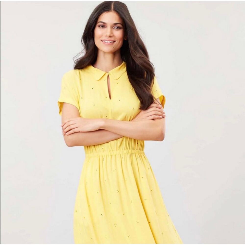 Joules Yellow Eyelet Broderie Shirt Dress - US Size 12 | Cotton Collared Summer
